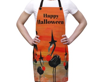 Halloween flamingo witches with pumpkins in tropical orange sunset festive party cooking Apron with my art. Halloween apron beach design