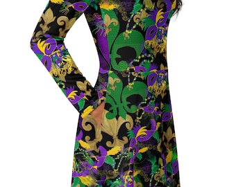 Mardi Gras Fleur de Lis Midi Dress: Party Mask Print, Long Sleeve