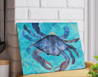 Blaue Krabbe Kunstwerk Glas Schneidebrett | Ocean Seafood Küchen Dekor