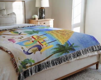 Mermaid Tiki Beach Bar Coastal Cotton Woven Blankets With My Art.