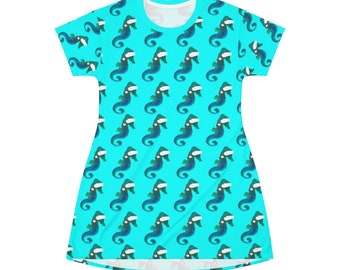Christmas Santa seahorse aqua All Over Print T-Shirt Dress with my art.