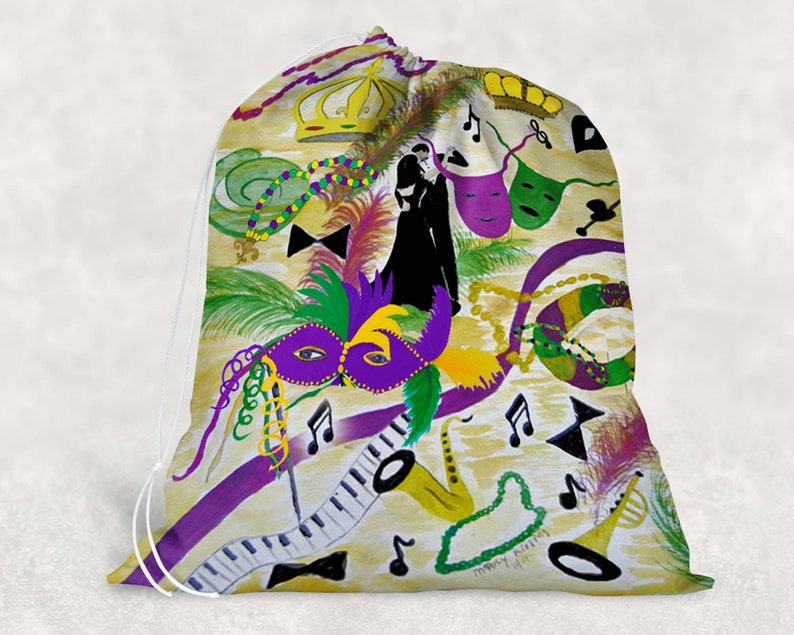 Choose from 2 sizes and several Holiday festive designs. Mardi Gras party gift tote large Santa Sacks from my art
