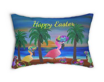 Easter flamingos with tulips and baskets Holiday design Spun Polyester Lumbar Pillow with my art. Easter decoration.