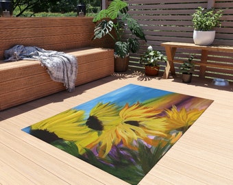 Sunflower field floral summer Outdoor Rug of my art design. Sunflowers field patio, deck area rug. Indoor or outdoor.