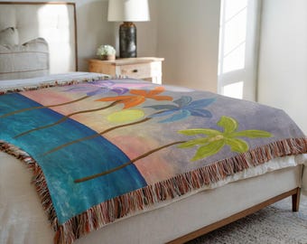 Colorful Tropical Palm Trees Cotton Woven Blankets With My Art.
