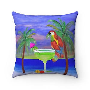 Margarita and pretty parrot tropical home Spun Polyester Square Pillow of my art.