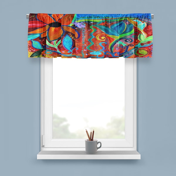 Floral intuitive art orange, blue green bold window valance from my art. Sizes 52" x 15" h or 72" w x 15" h