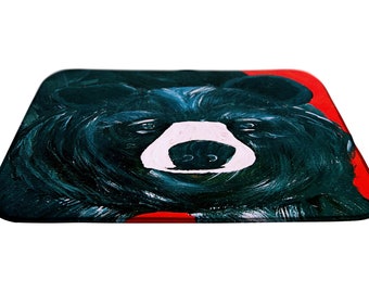 Black bear on red dish drying counter mat with my art decor. Bear lodge, cabin decor home mat.