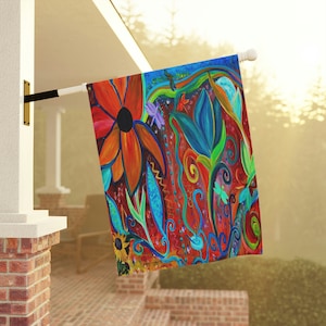 Floral bold intuitive art original home Garden & House Banner flag  with my art. Orange, blue floral contemporary garden flag yard art.