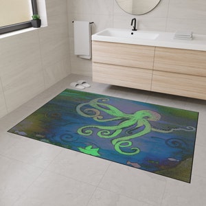 Blue green octopus Coastal home beach rug floor mat for indoor or outdoor with non-skid backing of my art. Heavy Duty Floor. Octopus rug