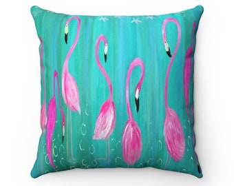 Pink flamingos on teal coastal beach Spun Polyester Square Pillows of my art. Beach decorative accessories.