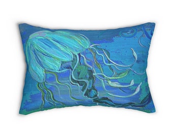 Jelly fish tropical coastal home Spun Polyester Lumbar Pillow of my art.