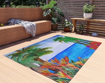 Tropischer Palm Beach Motiv Outdoor Teppich | Küsten Ozean Floral Fußmatte