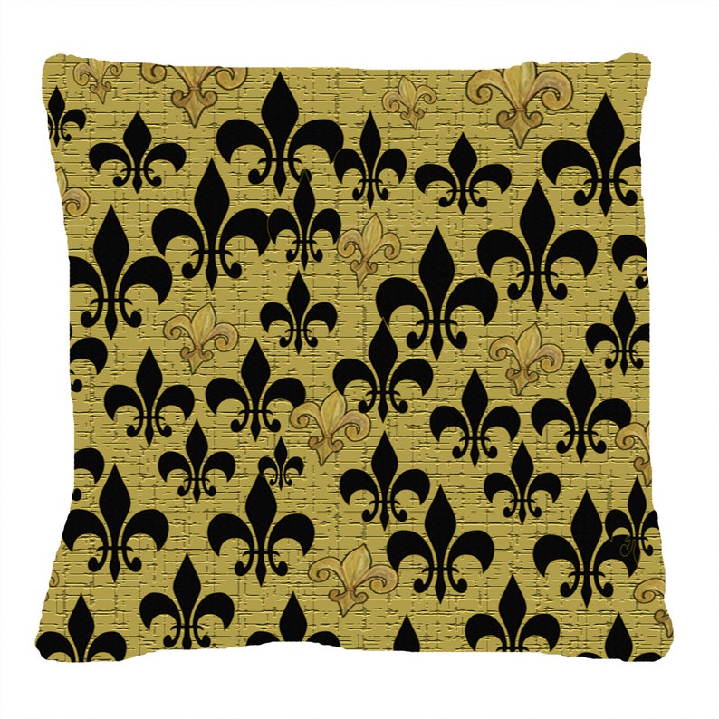 Black and gold fleur de lis family room decor floor mat ottomans and throw blankets and pillows from my art.