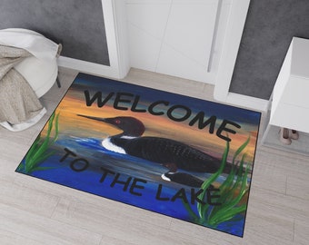 Welcome 2 Loon wild birds lake house floor mat for indoor or outdoor with non-skid backing of my art. Loon lake welcome mat.