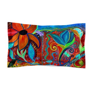 Floral orange blue intuitive art flowers design Pillow cases Shams from my art.  Original art design floral bedding.