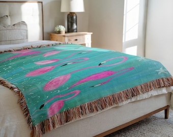Flamingos Coastal Beach Tropical Design Woven Blankets