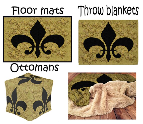 Black and gold fleur de lis family room decor floor mat ottomans and throw blankets and pillows from my art.