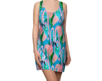 Flamingo party summer beach Women's Cut & Sew Racerback Dress with my art.