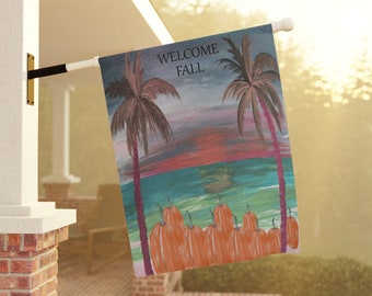 Welcome Fall tropical beach sunset pumpkins outdoor house Garden & Banner flag  with my art. Beach fall season yard or garden flags.