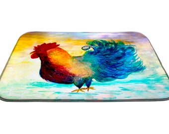 Rooster country home kitchen dish drying counter mat with my art decor. Country farm rooster kitchen dish mat.