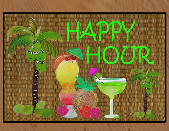 Happy Hour Tropical drinks kitchen indoor outdoor floor mat dish drying mats from my art. cutting boards