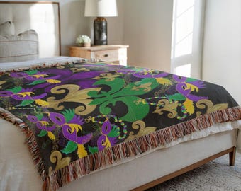 Mardi Gras Fleur De Lis And Masks Woven Blankets In 2 Sizes.
