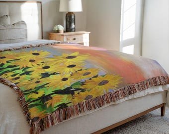 Sunset Sunflowers Floral Throw Woven Blankets In 2 Sizes.
