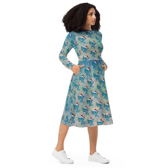 Christmas Octopus Beach Coastal Holiday Party All-over Print Long Sleeve Midi  Dress - Etsy