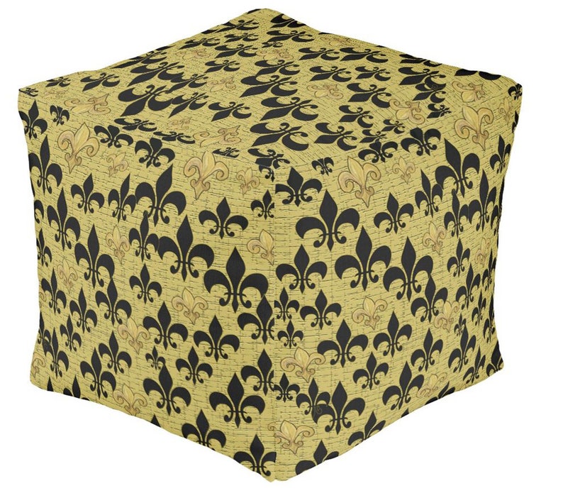 Black and gold fleur de lis family room decor floor mat ottomans and throw blankets and pillows from my art.