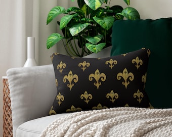 Gold Fleur-de-Lis Muster lumbalen Kissen | Schwarzes und metallisches dekoratives Dekokissen