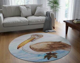 Pelican coastal home 60" Round Rug with my art. Rug is 60 " round.Brown coastal pelican beach house sealife round chenille rug.