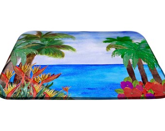 Caribbean beach palms tropical floral home kitchen dish drying counter mat with my art decor. Coastal kitchen dish mat.