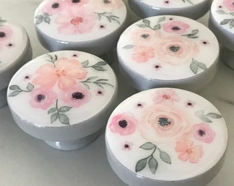 GRAY PINK Knobs BABY Flower Blossom Watercolor Floral Garden Kids m2m jojo Bedding Nursery Room drawer pull art decor