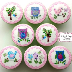 Puede incluir: Conjunto de ocho pomos decorativos de color rosa y verde con varios diseños de temática natural, incluyendo búhos, pájaros, flores y árboles. Los pomos tienen un borde festoneado y un fondo blanco con lunares rosas.