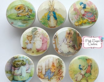 BEATRIX POTTER Peter Rabbit Jemima Puddle duck Tom Kitten Tiggy Winkle Jeremy Fisher knobs M2M bedding Kids Nursery drawer pulls... so cute!