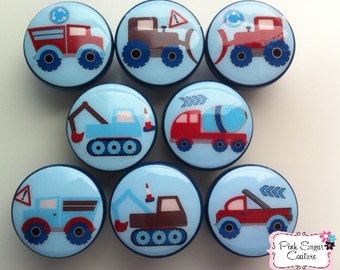 BOUWVRACHTWAGENS KNOPPEN jongenslade Kinderkamer Trekkers Tractoren Vrachtwagens decor kinderkunst cementdumpbulldozer blauw marine bruin rood