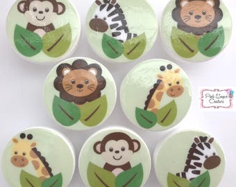 JUNGLE BABIES Safari ANIMAL Knobs Kids Nursery room decor green drawer pull kids decor giraffe zebra lion monkey