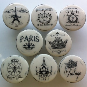 NEW Vintage Drawer Knobs Pulls Paris France Shabby Chic Cottage French Provincial White Refinished Dresser Chandelier Crown Eiffel Tower image 2