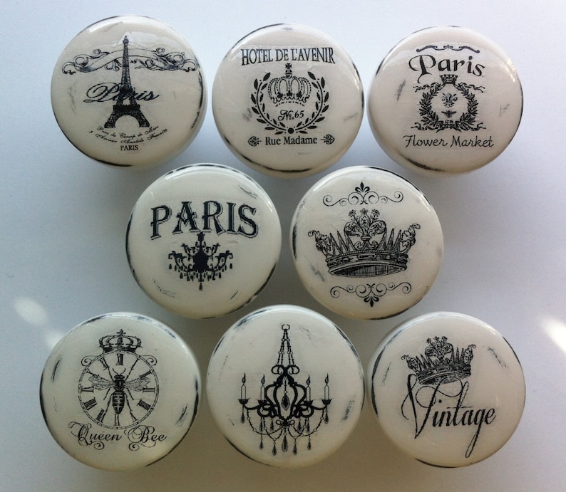 NEW Vintage Drawer Knobs Pulls Paris France Shabby Chic Cottage French Provincial White Refinished Dresser Chandelier Crown Eiffel Tower image 2