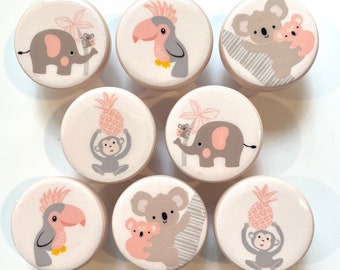 CALYPSO JUNGLE KNOBS Koala pink bedding Kids Nursery drawer pulls ... toucan parrot elephant monkey