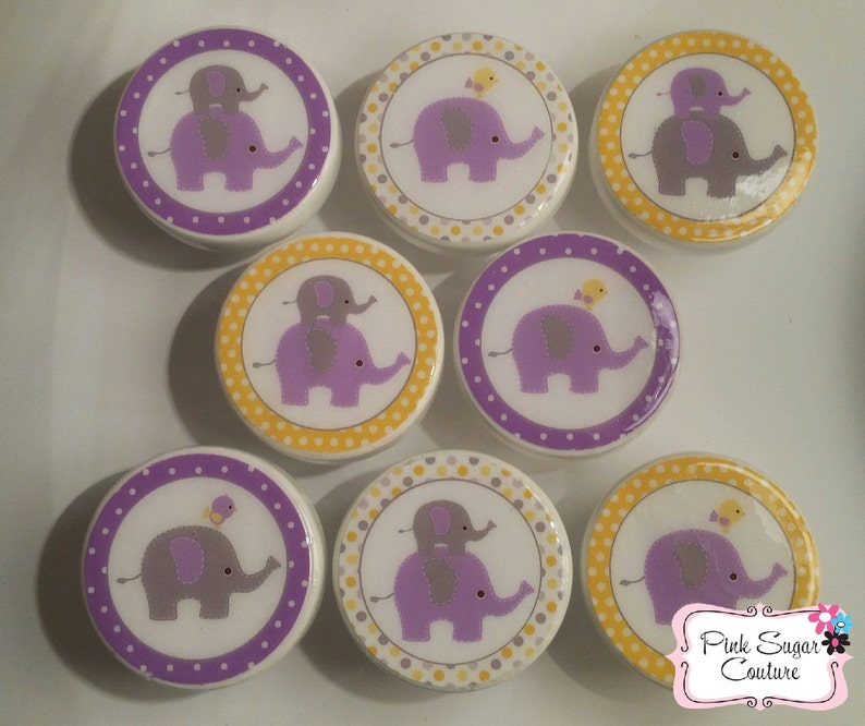 Elephant knobs lavender yellow gray grey M2M Kids Nursery Roombedding drawer pulls dots ... so cute image 1