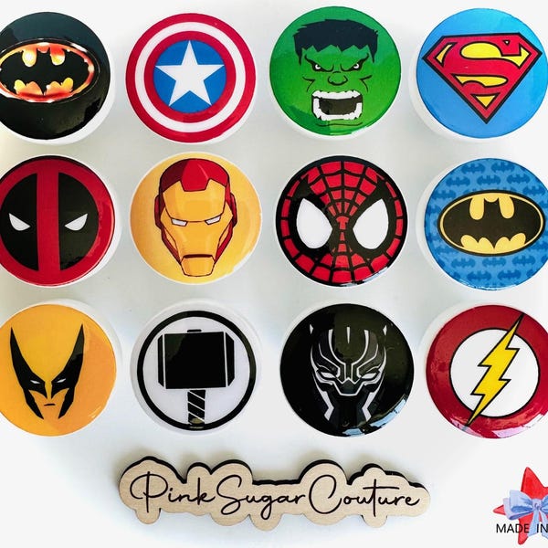 SUPERHERO Knobs Drawer Pulls Handles Bedding Kids Room Decor ~  BESTSELLER Excellent quality & price! Made in U S A    Hardware included!