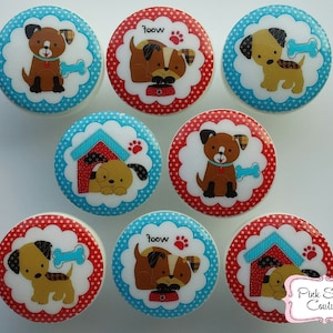 May include: Set of eight round, white, decorative knobs with a red and blue polka dot pattern. Each knob features a different illustration of a dog with a bone, a dog in a doghouse, and a dog with a bowl of food. The text "Woof" appears on two of the knobs.