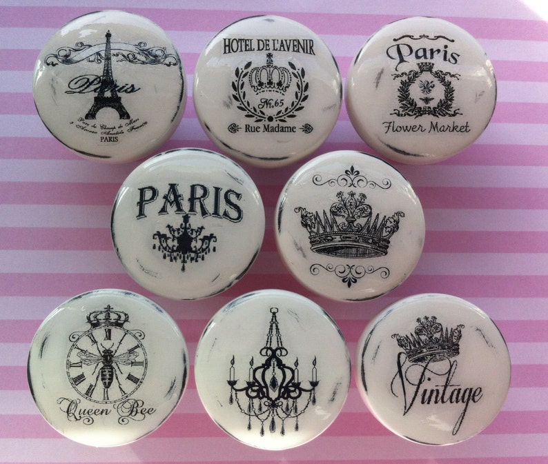 NEW Vintage Drawer Knobs Pulls Paris France Shabby Chic Cottage French Provincial White Refinished Dresser Chandelier Crown Eiffel Tower image 1
