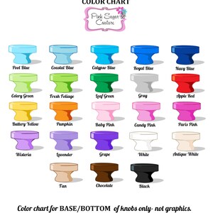 May include: Color chart for knobs, showing 20 different colors, including Pool Blue, Celery Green, Buttery Yellow, Wisteria, Tan, and Black. The chart is labeled "PinkSugarCouture Color Chart" and "Color chart for BASE/BOTTOM of knobs only - not graphics."