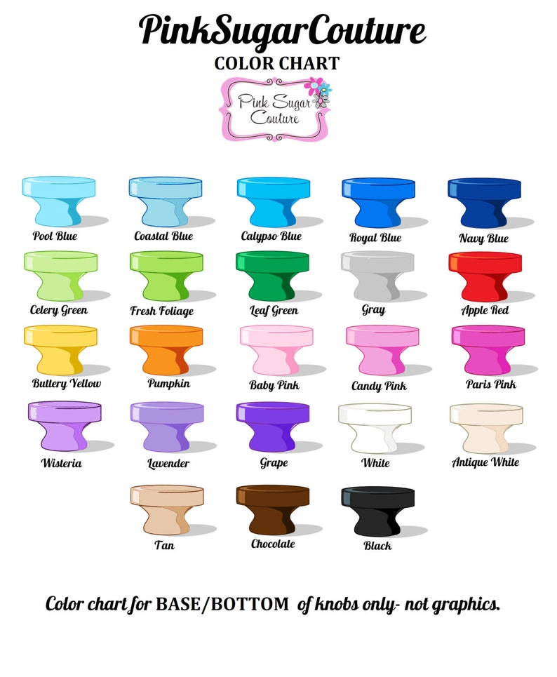 May include: Color chart for knobs, showing 20 different colors, including Pool Blue, Celery Green, Buttery Yellow, Wisteria, Tan, and Black. The chart is labeled "PinkSugarCouture Color Chart" and "Color chart for BASE/BOTTOM of knobs only - not graphics."
