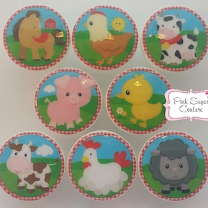 May include: Set of 8 farm animal themed round stickers with red and white gingham border. The animals include a horse, chicken, cow, pig, duck, chicken, cow, and sheep.