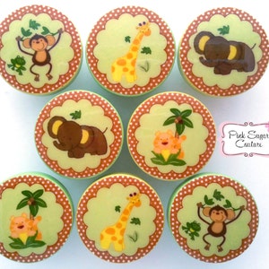 May include: Set of 8 green, brown, and yellow round knobs with a scalloped edge and white polka dots. Each knob features a different jungle animal, including a giraffe, monkey, and elephant.