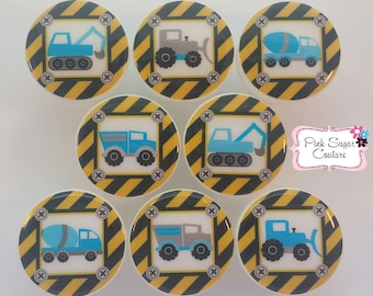 BOUW TRUCKS KNOPPEN # 2 jongens lade trekt Kids Nursery decor kunst cement dump truck bulldozer blauw geel zwart